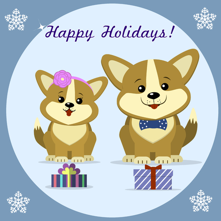 Christmas card with two cute dog corgi, sit next to gift boxes, in a round frame.のイラスト素材