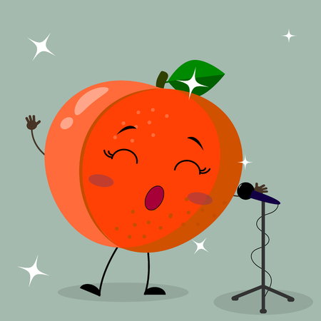 Ð¡ute peach Smiley in a cartoon style sings into the microphone.のイラスト素材