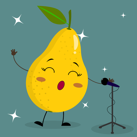 Cute yellow pear Smiley in a cartoon style sings into the microphone. Flat design, vector illustration.のイラスト素材