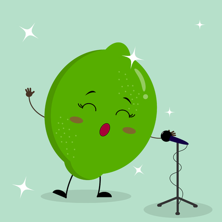 Cute lime Smiley in a cartoon style sings into the microphone. Flat design, vector illustration.のイラスト素材
