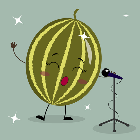 Cute watermelon Smiley in a cartoon style sings into the microphone. Flat design, vector illustration.のイラスト素材