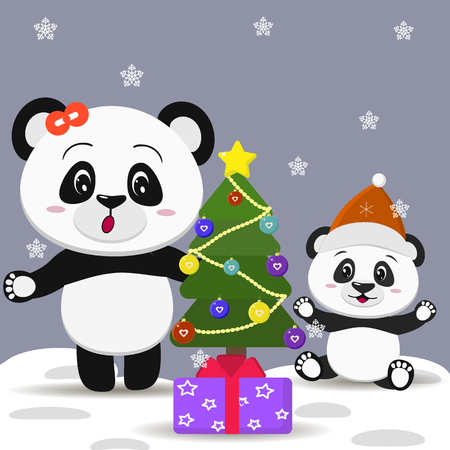 Panda with bow and panda kid in santa cap near New Years tree and box with gift.のイラスト素材