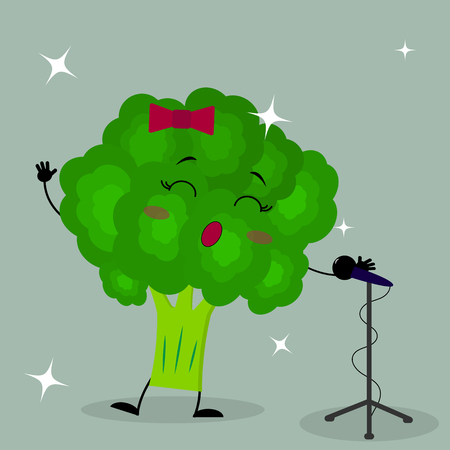 Cute broccoli Smiley in a cartoon style sings into the microphone. Flat design, vector illustration.のイラスト素材