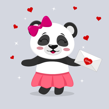 Panda in a skirt and with a pink bow holds a letter in paws, in the style of cartoons.のイラスト素材