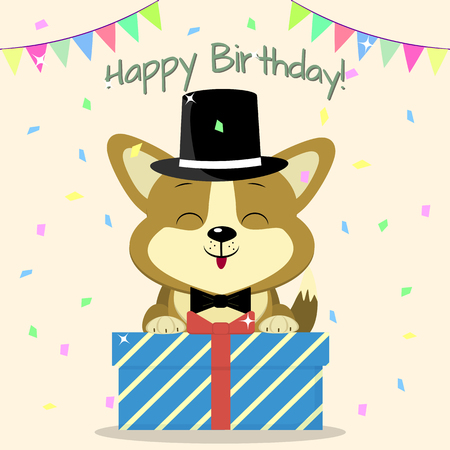Puppy Corgi in a hat and a bow tie, sits and holds a box with a gift on the background of confetti and flags. Happy Birthday.のイラスト素材