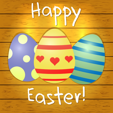 Set of multi-colored Easter eggs on a brown wood texture background. Congratulations on Easter. Vector.のイラスト素材