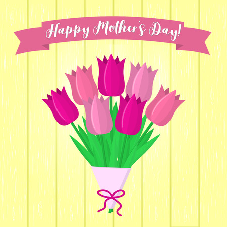 Bouquet of pink tulips, greeting sticker on the background of yellow wood texture, pink ribbon. Mothers Day. Flat style, vector.のイラスト素材