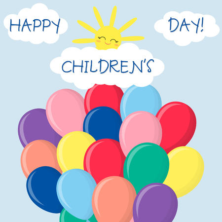 Multicolored balloons against the sky. Clouds and sun. Happy children's day.Cartoon flat style. Vector.のイラスト素材