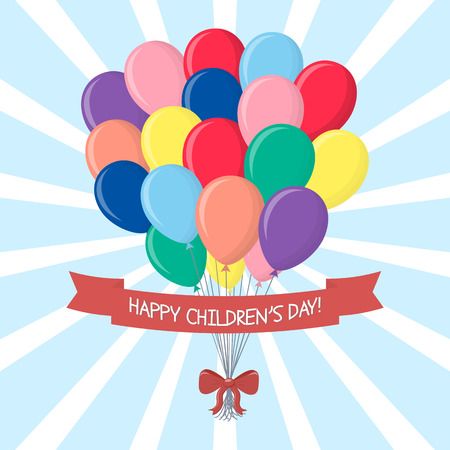 A bouquet of multi-colored balls with a red bow and ribbon with a congratulation, isolated on a sky background. Clouds and sun. Happy Children's Day. Cartoon flat style. Vector.のイラスト素材