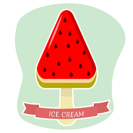 Sweet ice cream on a stick in the shape of a watermelon, a flat icon in a white stroke on a background with a red ribbon. Vector illustration.のイラスト素材