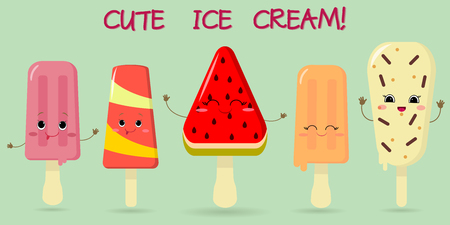 A set of five different sweet ice cream smiley on a background with text. Cartoon Style. Flat , vector illustration.のイラスト素材