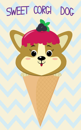 Cute puppy Corgi in the image of ice cream. Sits in a waffle cone on his head, glaze and a berry, against a background of stripes in the style of a cartoon. Flat, vector.のイラスト素材