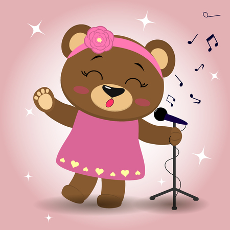 Cute singer bear brown in a pink dress and a wreath with a rose, a raised paw sings into a microphone, in the style of cartoons. Vector illustration, a flat design.のイラスト素材