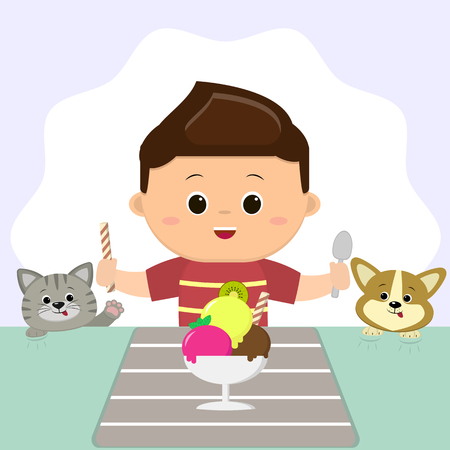 A boy in a red T-shirt is sitting at a table and eating ice cream. The cat and the dog are watching. Cartoon style, flat, vector.のイラスト素材