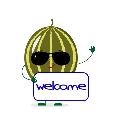 Cute watermelon cartoon character in sunglasses keeps a sale sign. Vector illustration, a flat style.のイラスト素材