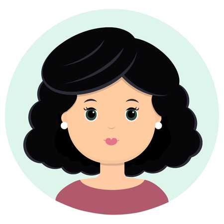 Beautiful young woman with black curly hair. Portrait of modern fashion, hairstyle salon, vector icon, isolated on white background. Flat style.のイラスト素材