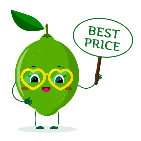 Cute lime cartoon character in red heart glasses, in the hands of the plate is the best price. Vector illustration, a flat style.のイラスト素材