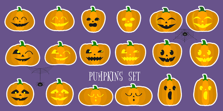 A set of Halloween pumpkins, funny faces in a cartoon style in a white stroke sticker. Autumn vacation. Vector illustration EPS10, flat.のイラスト素材
