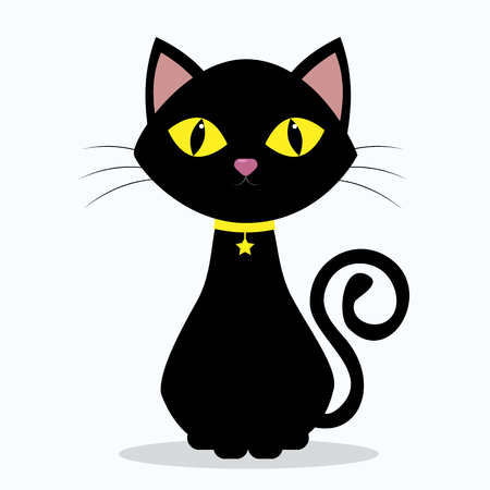 Black cat with yellow eyes, on the neck of a medallion in the shape of a star on a yellow ribbon, isolated on a white background. Vector, flat style, cartoon.のイラスト素材