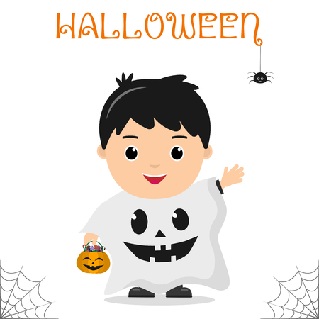 Cute child dressed in costume creepy ghost holding a pumpkin with candies, celebrating at a Halloween party, isolated on a white background. Flat style, cartoon, vector.のイラスト素材