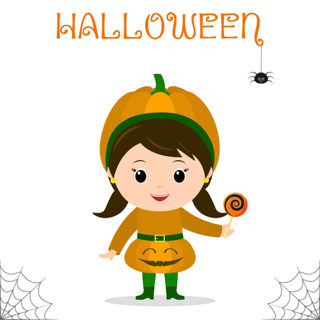 Cute child dressed in costume Halloween pumpkin with candies celebrating at a Halloween party isolated on a white background. Flat style, cartoon, vector.のイラスト素材