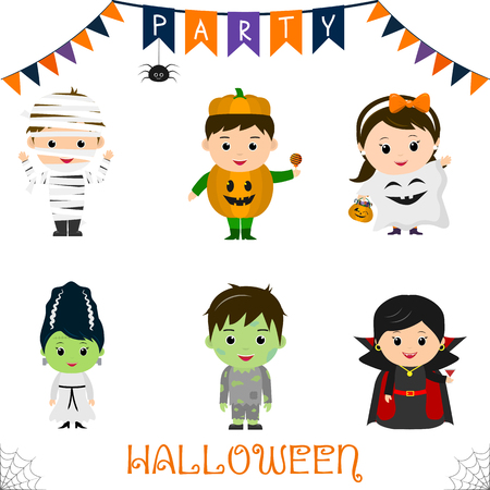 Halloween party kids character set. Children in a colorful Halloween costumes mummy, pumpkin, ghost, monster, zombie, vampire in a cartoon style. Vector, flat.のイラスト素材
