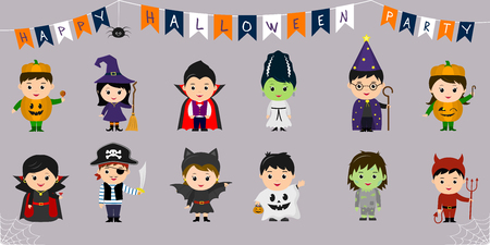 Mega set of Halloween symbols. Twelve pretty children in different costumes for Halloween isolated on a blue background. Cartoon, flat, vector.のイラスト素材