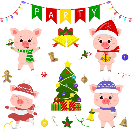 Happy New Year and Merry Christmas. A set of four cute pigs in different costumes. Christmas tree, gifts and other party items. The symbol of the new year in the Chinese calendar. 2019. Vector illustration.のイラスト素材
