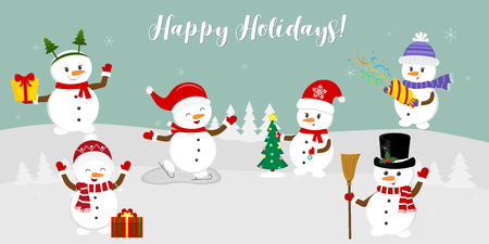 New Year and Christmas card. Set of six cute snowmen in different hats and poses in winter. Christmas tree, gifts, confetti, skates and ice. Cartoon style, vector.のイラスト素材