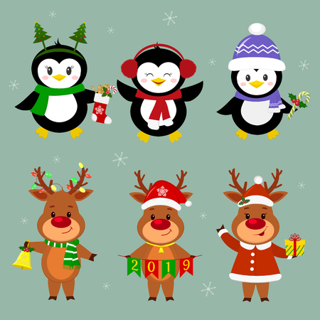 New Year and Christmas card. A set of three penguins and three deer characters in different hats and poses in winter. Box with a gift, candy, sock, bell. Cartoon style, vector.のイラスト素材