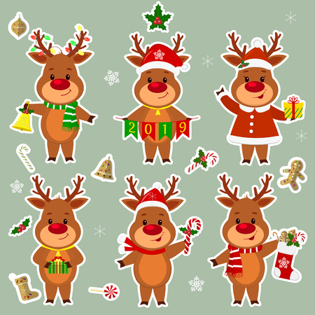Happy New Year and Merry Christmas Greeting Card. Set of six deer stickers in different costumes and poses in a white stroke, various accessories. Cartoon and flat style. Vector.のイラスト素材