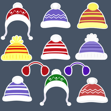 Set of eleven stickers of various hats for boys and girls in cold weather or for sports in a white stroke. Clothes for winter and autumn. Flat style vector.のイラスト素材
