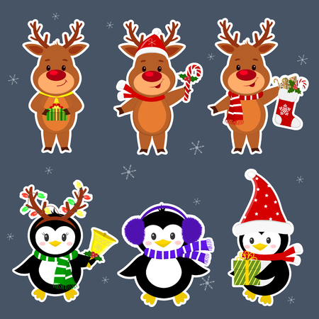 New Year and Christmas card. A set stickers of three penguins and three deer characters in different hats and poses in winter. Box with a gift, candy, sock, bell. Cartoon style, vector.のイラスト素材