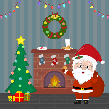 New Year and Christmas card. Santa Claus is holding a bag with gifts and cookies. Christmas tree with gifts, a fireplace, a wreath and garland, milk and cookies in the room at night. Cartoon, vector.のイラスト素材