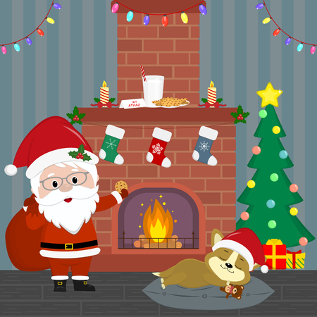 New Year and Christmas card. Santa Claus holds a bag with gifts and cookies. A cute puppy of corgi is sleeping by the fireplace in a room at night. Christmas tree with gifts. Cartoon, vector.のイラスト素材