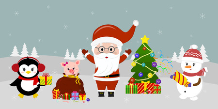 Santa Claus in glasses stands at the Christmas tree, a snowman with a clapperboard, a pig looks out of a bag, and a penguin with a gift against the background of winter. Winter holidays, vectorのイラスト素材