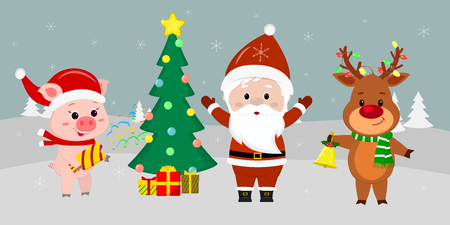 Santa Claus is standing with arms raised near the Christmas tree with gifts. A cute pig with a clapperboard, a deer with a bell against the background of winter. Winter holidays, vector.のイラスト素材