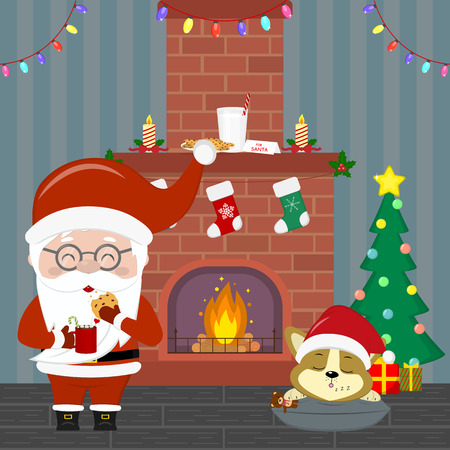 New Year and Christmas card. Santa Claus in glasses holds a cup with cocoa and cookies. A cute puppy is sleeping by the Christmas fireplace and a Christmas tree in a room at night. Cartoon, vector.のイラスト素材