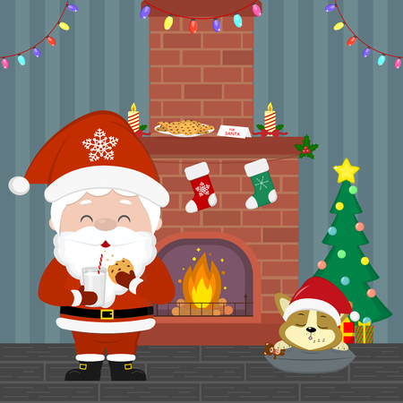 A cute Santa Claus is holding a glass with milk and cookies. Corgi puppy sleeping near the Christmas tree with gifts. Fireplace, garland, milk and cookies in the room at night. Vector.のイラスト素材