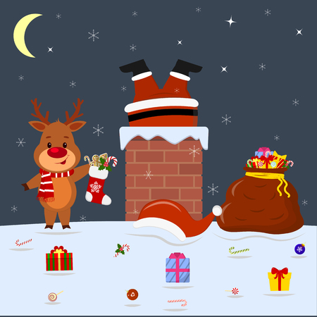 A cute deer is standing on the roof of the house and holding a sock with gifts. Santa Claus legs sticking out of the pipe at home. Red bag with gifts, candy on the snow at night. Cartoon style, vector.のイラスト素材