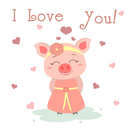Congratulations on Valentine s Day. Cute pig in a dress and a bezel with a flower on the background of hearts. Flat design, cartoon style, vector.のイラスト素材