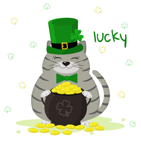 St.Patrick s Day. Gray striped cat in a green leprechaun hat, bowler with gold coins, clover. Cartoon style, flat design. Vector illustration.のイラスト素材