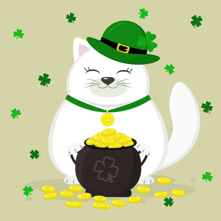 St.Patrick s Day. White cat in a green hat Leprechaun holding a pot of gold coins, clover. Cartoon style, flat design. Vector illustration.のイラスト素材