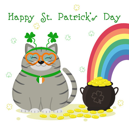 St.Patrick s Day. Gray striped cat in the bezel with clover, bowler with gold coins, rainbow, clover. Cartoon style, flat design. Vector illustration.のイラスト素材