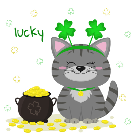 St.Patrick s Day. Gray striped kitten in the bezel with clover, bowler with gold coins, clover. Cartoon style, flat design. Vector illustration.のイラスト素材