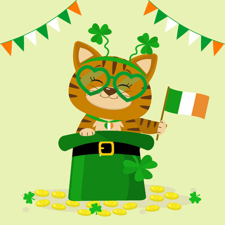 St.Patrick s Day. A red tabby cat in a headband with clover, sits in a green hat, a leprechaun, gold coins, flag of ireland. Cartoon style, flat design. Vector illustration.のイラスト素材