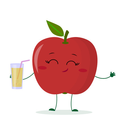 Cute red apple cartoon character holding a glass with juice. Logo, template, design. Vector illustration, flat style.のイラスト素材