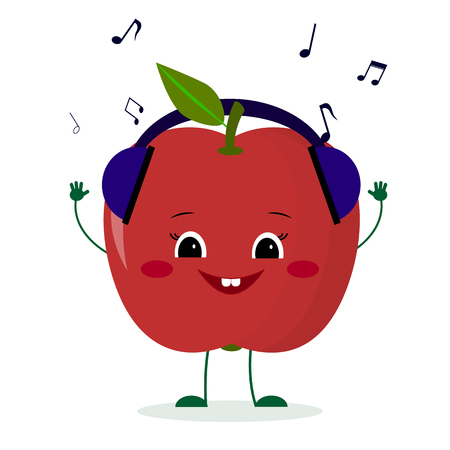 A cute red apple character in cartoon style listening to music on headphones. Logo, template, design. Vector illustration, a flat style.のイラスト素材