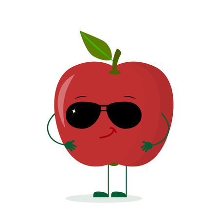 A cute red apple character in the style of a cartoon in sunglasses. Logo, template, design. Vector illustration, a flat style.のイラスト素材