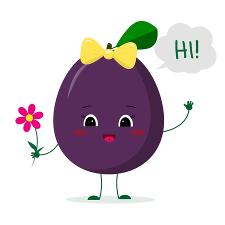Kawaii cute plum purple fruit cartoon character with a pink bow holding a flower and welcomes. Logo, template, design. Vector illustration, a flat style.のイラスト素材